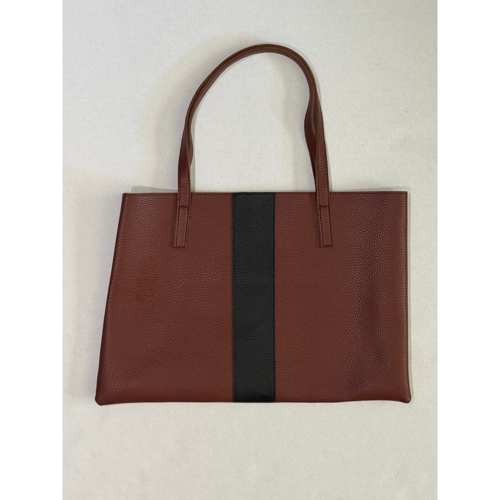 Vince Camuto Cognac Brown Pebbled Leather Tote Bag with Black Racing Stripe